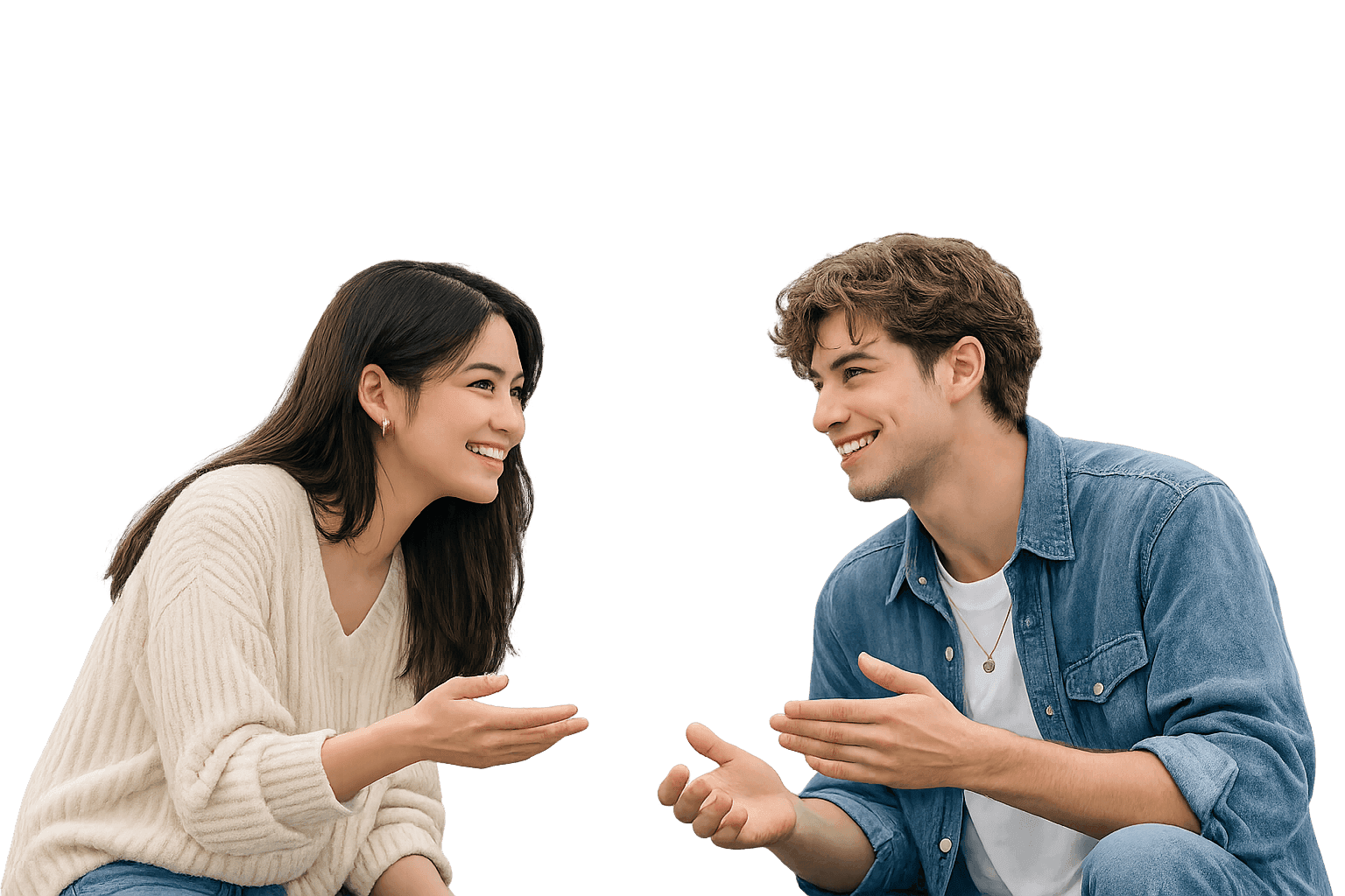 Two people smiling and continuing an engaged conversation